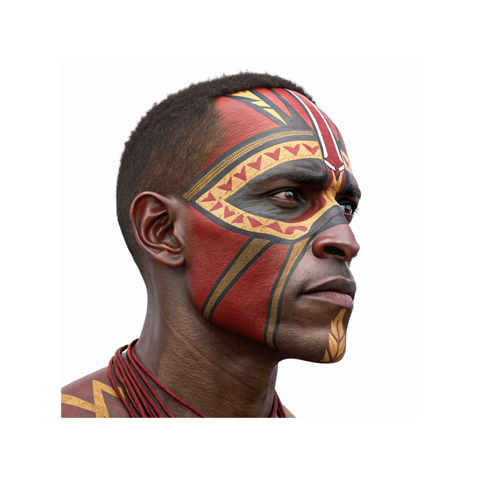 Closeup Portrait of Man with Red and Yellow Tribal Face Paint on Side Profile for Cultural Concepts png