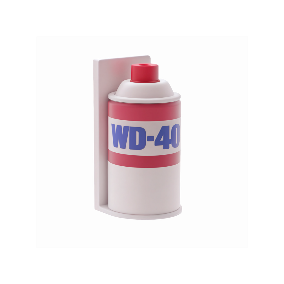 Red and White WD-40 Spray Can with Wall Mount Holder on Transparent Background for Maintenance Use png