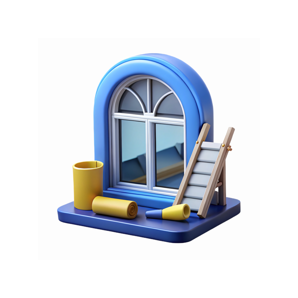 Blue Arched Window Illustration with Ladder and Painting Tools for Renovation Concepts png