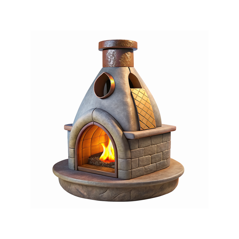 Rustic Outdoor Brick Pizza Oven with Lit Fire and Stonework Featuring Classic Chimney Design png