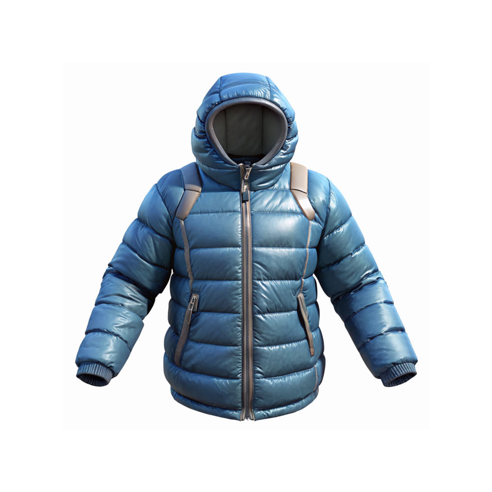 Blue Quilted Hooded Winter Jacket with Zipper Pockets and Straps for Outdoor Cold Weather png