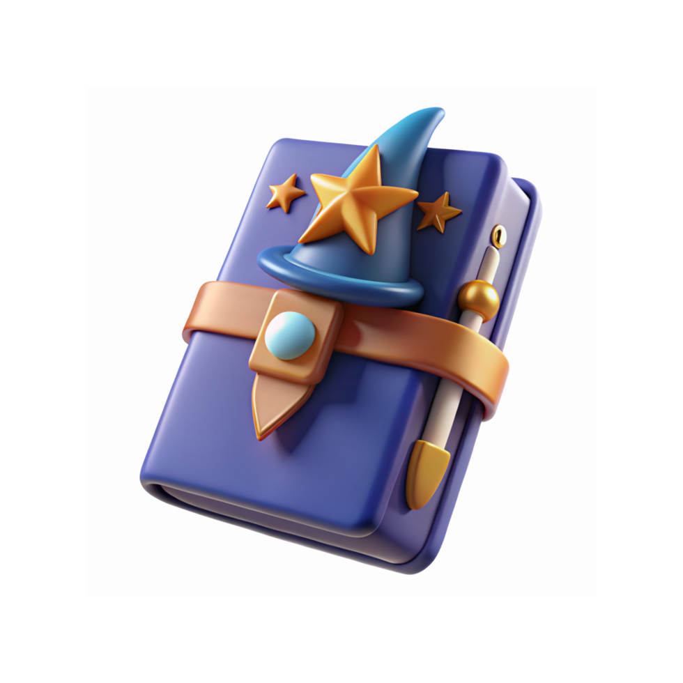Blue Magical Spell Book with Wizard Hat Stars Wand and Belt for Fantasy Games or Illustrations png