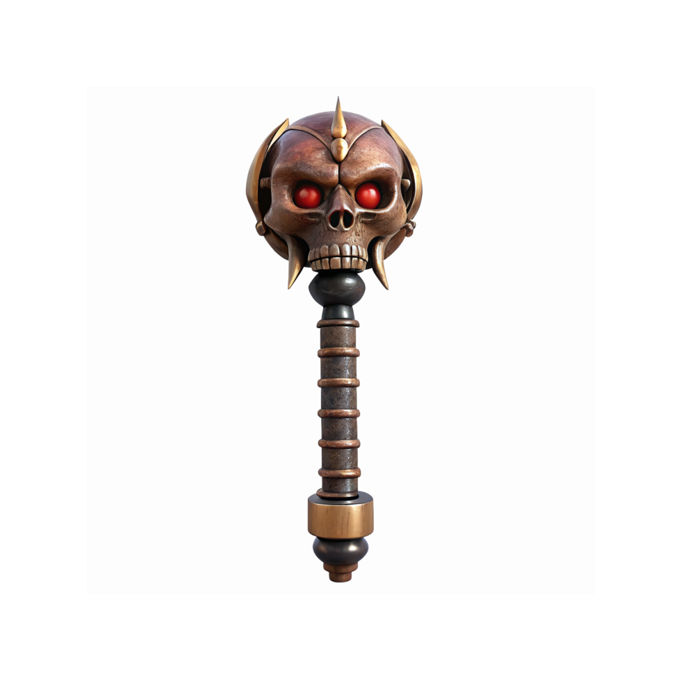 Fantasy Skull Scepter with Red Glowing Eyes and Bronze Accents for Gaming or Magic Themes png