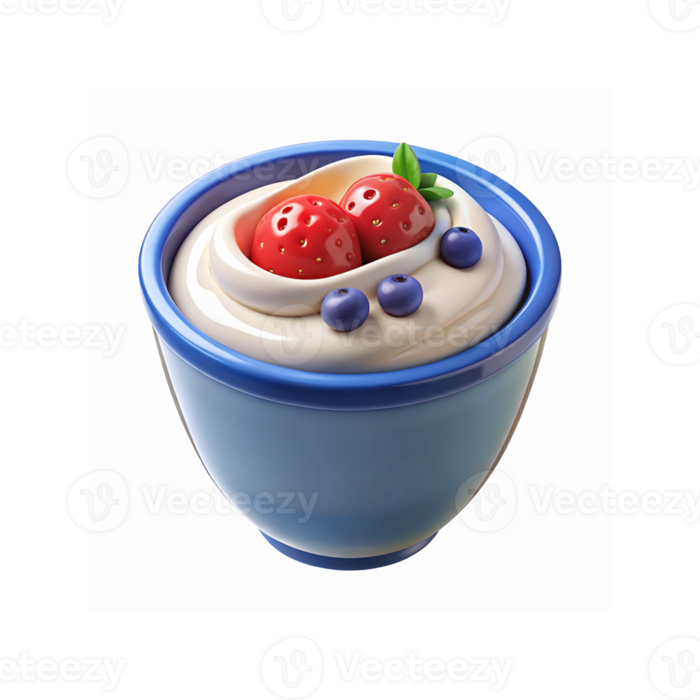 Creamy White Yogurt Bowl with Fresh Red Strawberries and Blueberries in Blue Cup png
