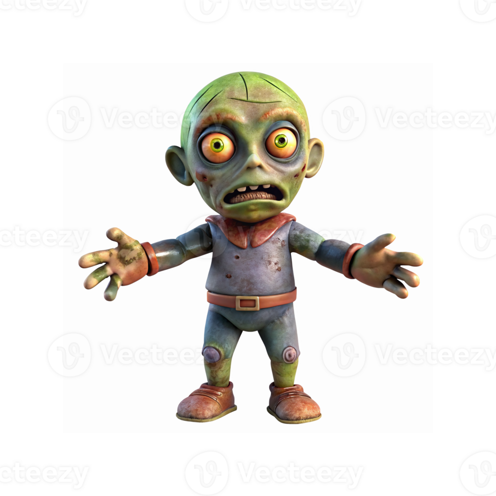 Cute Green Cartoon Zombie Character in Tattered Outfit with Surprised Expression and Outstretched Arms png