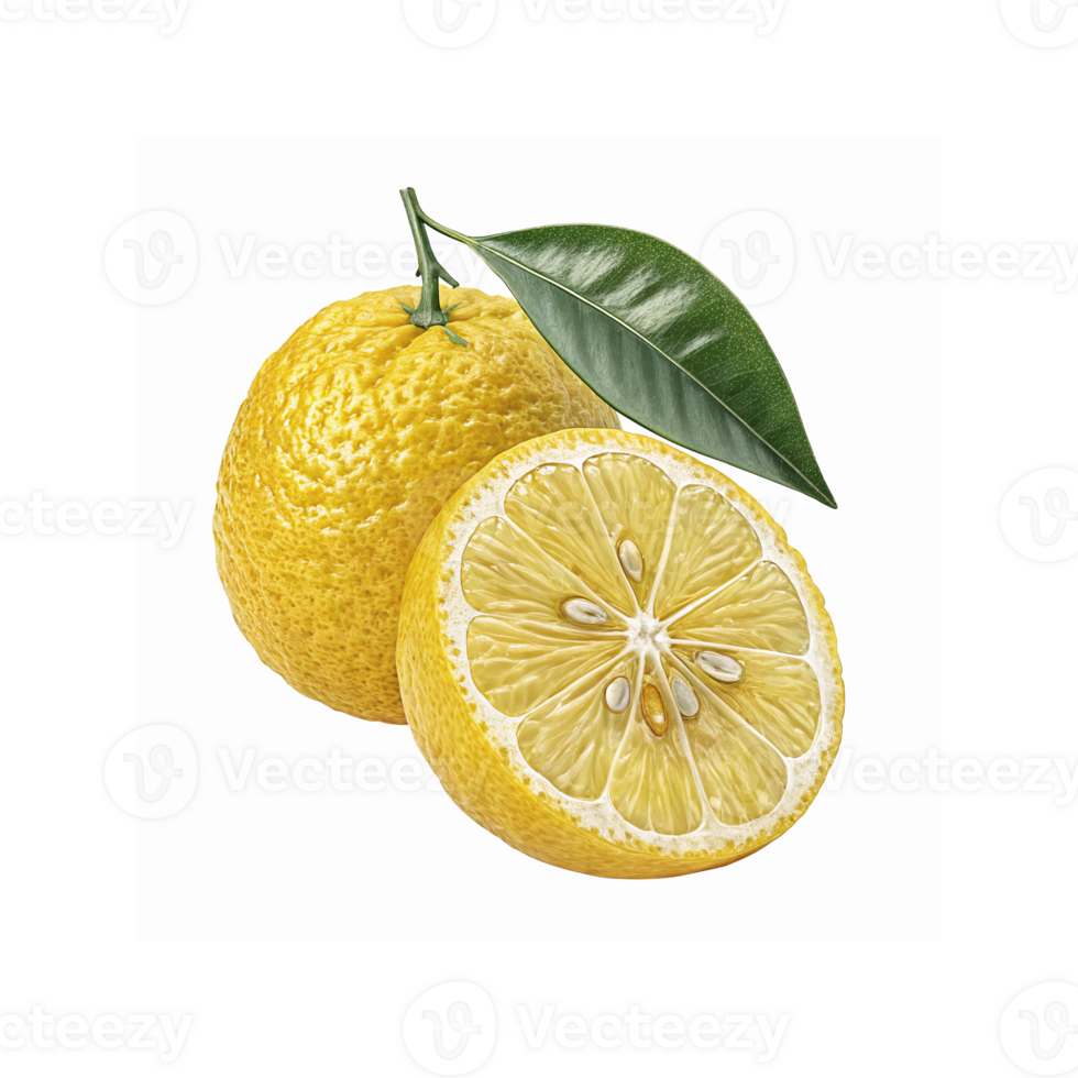 Bright Yellow Whole Lemon And Half Lemon With Green Leaf Isolated On Transparent Background png