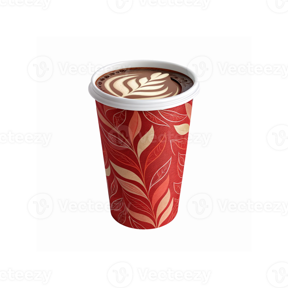 Red Paper Coffee Cup with Decorative Leaf Pattern and Latte Art on Transparent Background png