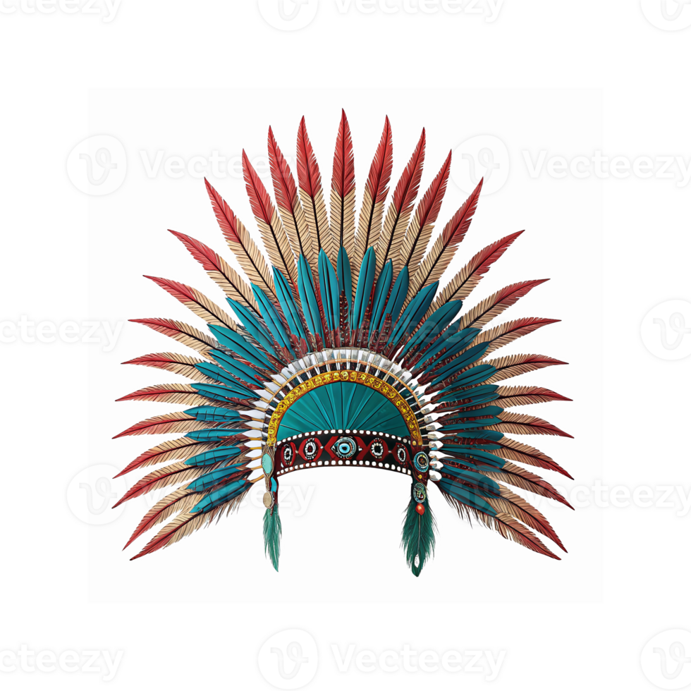 Traditional Headdress with Red and Teal Feathers and Gold Details for Cultural and Artistic Use png