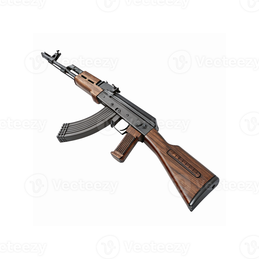 Realistic Black Metal And Wood Assault Rifle AK47 With Curved Magazine On Transparent Background png