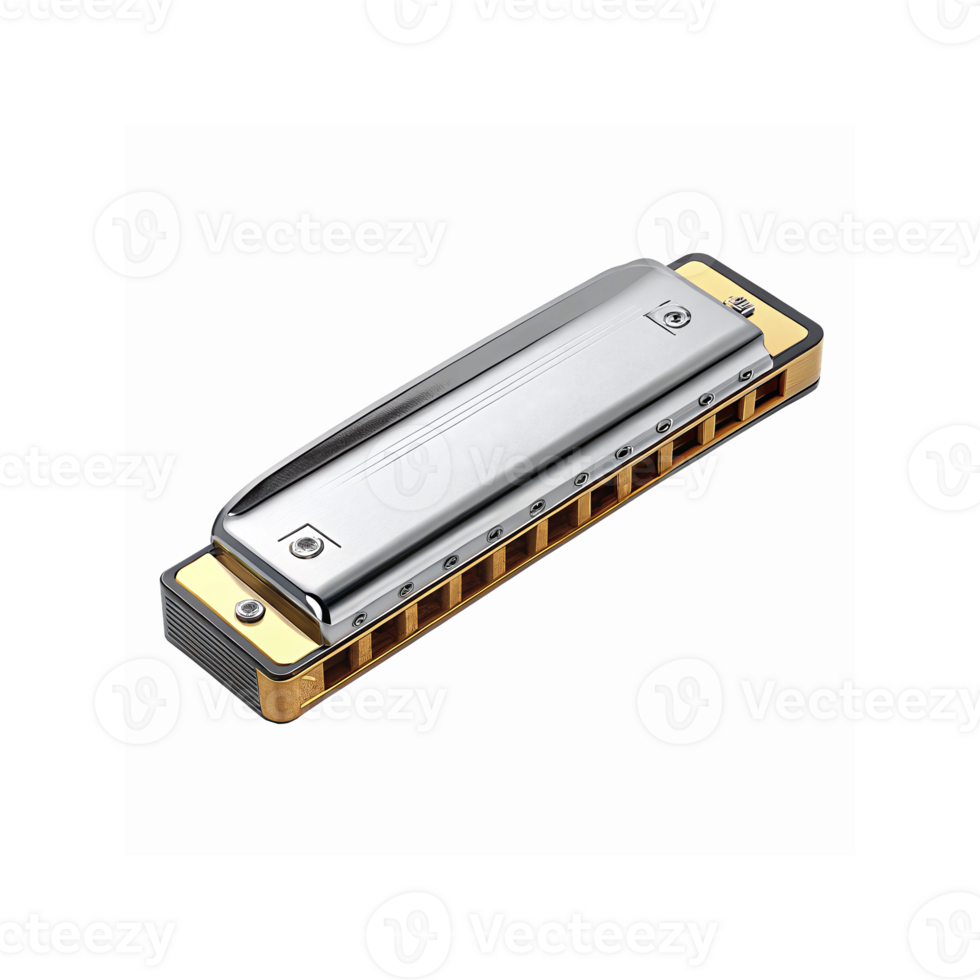 Silver And Gold Traditional Harmonica With Chrome Finish And Wooden Comb For Musical Performances And Learning png