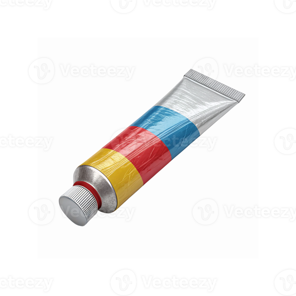 Silver Metal Paint Tube With Red Blue Yellow Stripes Design On Transparent Background For Art Supplies And Creative Projects png