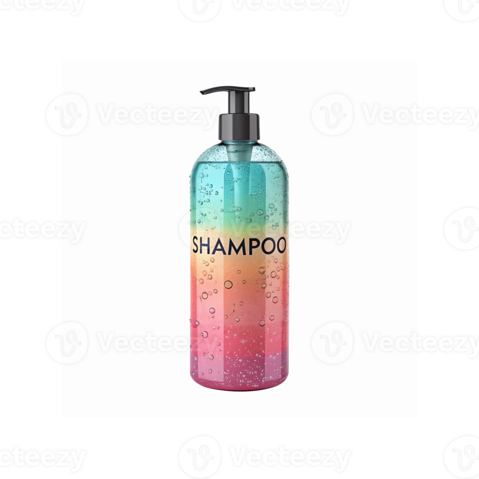 Gradient Colored Shampoo Bottle with Pump Dispenser and Water Droplets on Transparent Background png