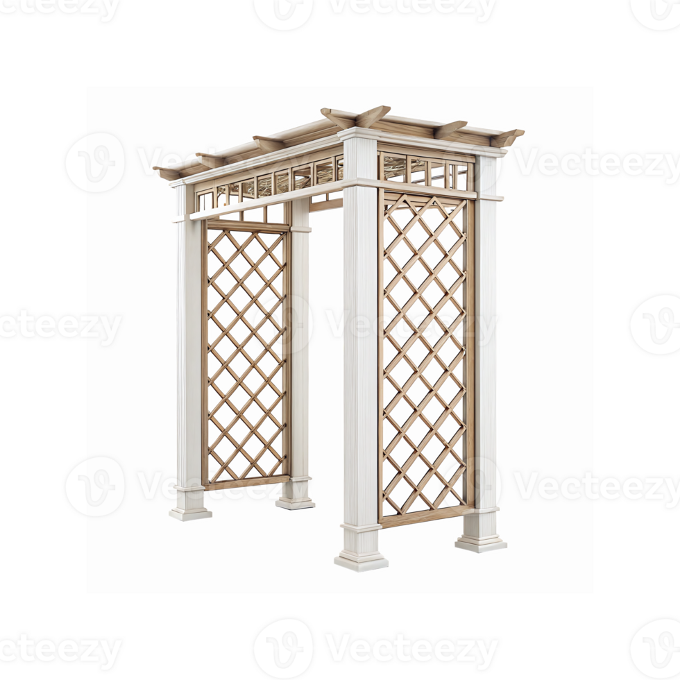 Elegant Wooden Garden Arbor with Lattice Panels and Beige White Frame for Outdoor Decor and Landscaping png