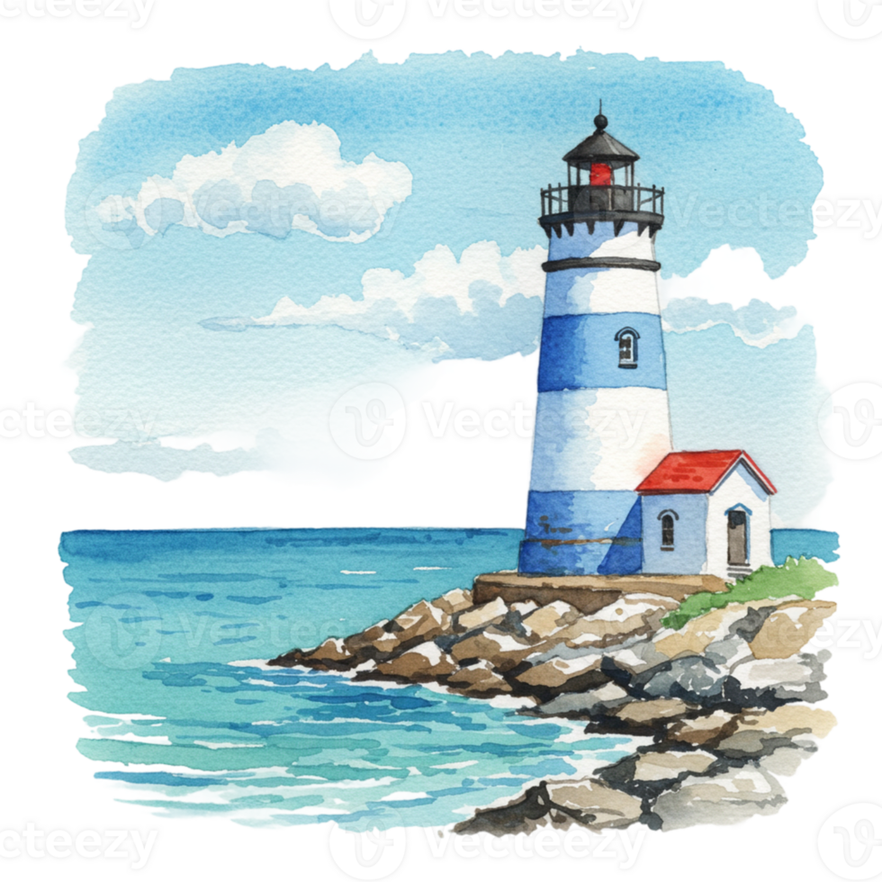 Coastal Lighthouse Watercolor Painting Blue Sky Ocean Rocks sea art red day calm view scene white png