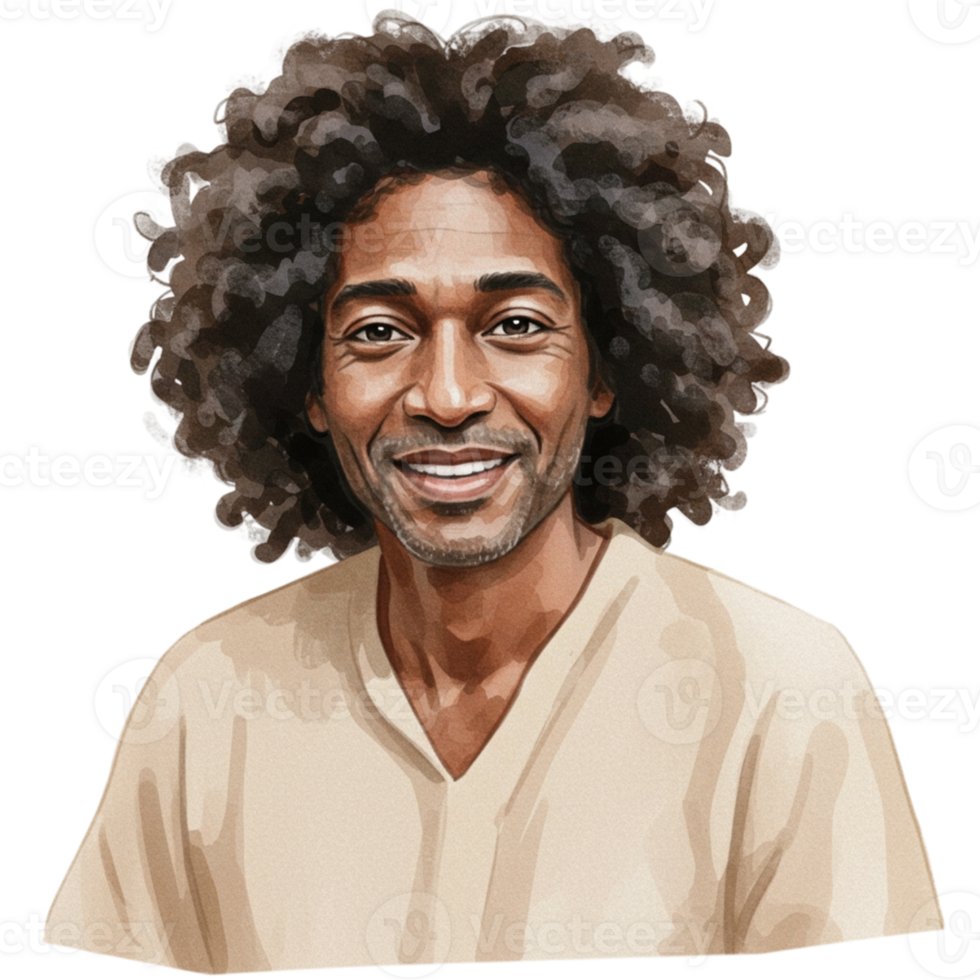 Smiling Man Portrait Watercolor Style Happy Afro Hair Beige Shirt art calm face warm smile model png