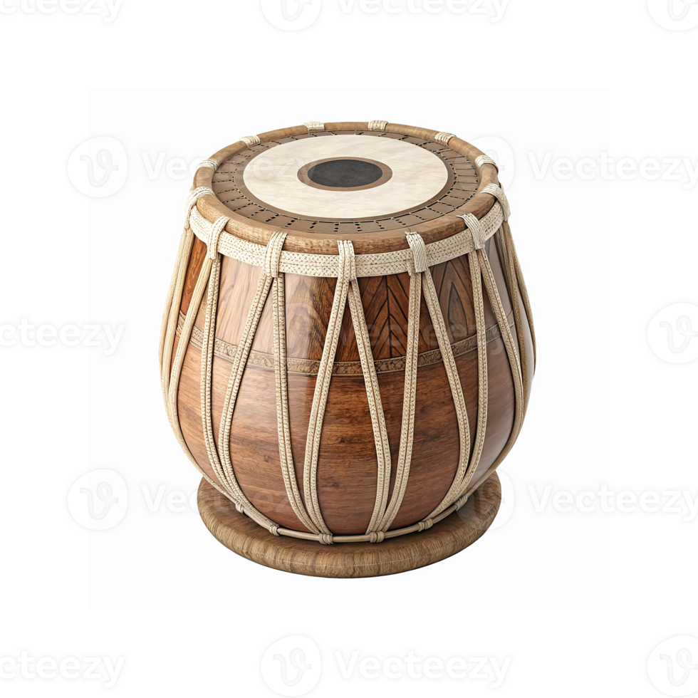 Traditional Wooden Handcrafted Tabla Drum with Rope Detailing for Cultural Musical Use on Transparent Background png