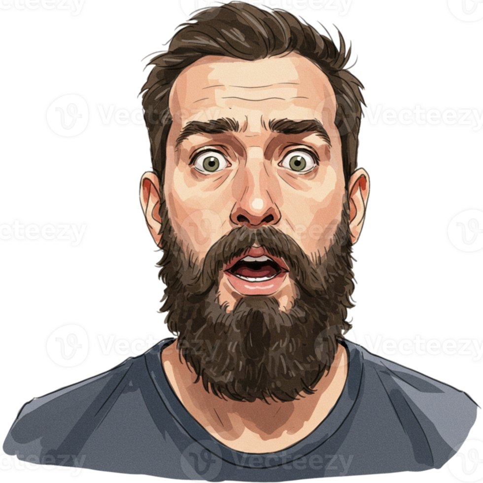 Surprised Man Portrait Digital Art Illustration Shocked Expression Beard Guy Wow Face Male Eyes Head png