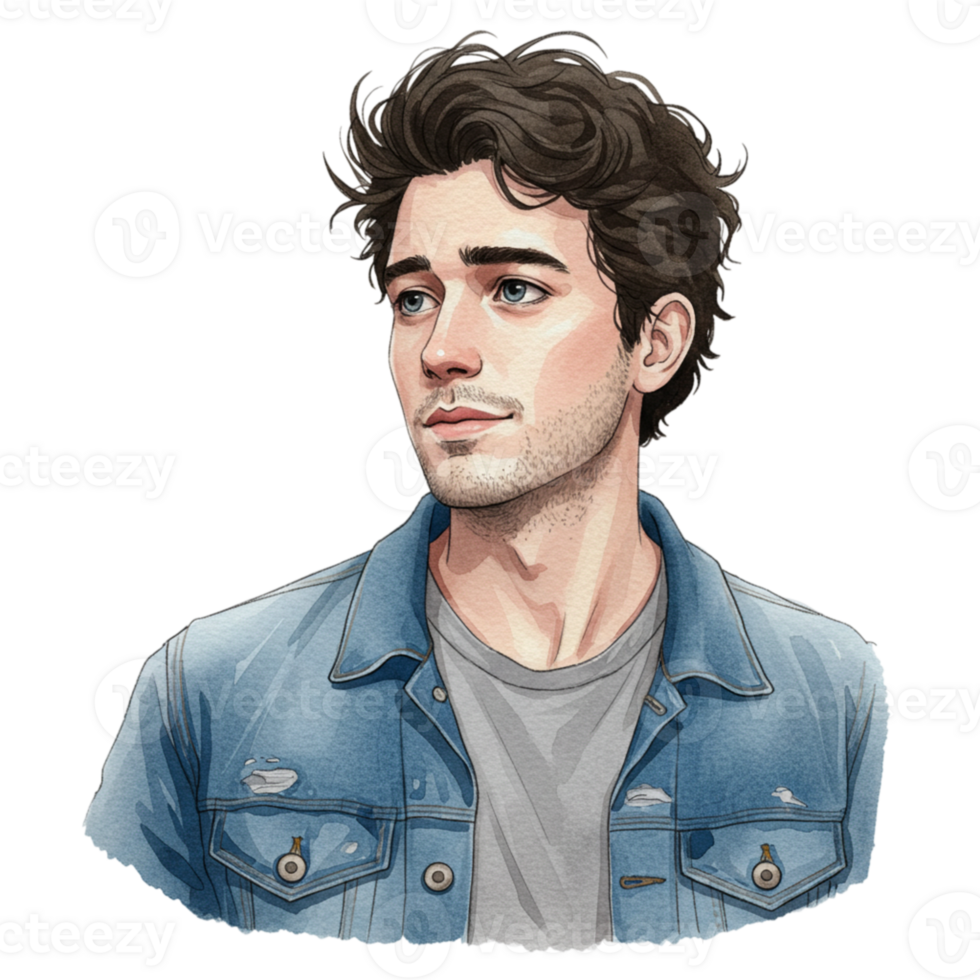 Handsome Young Man Stylish Denim Jacket Portrait Illustration Art Guy Male Blue Face Hair Look Cool png