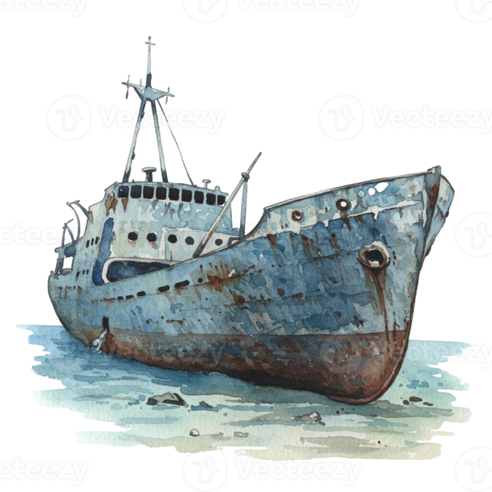 Rusty Old Shipwreck Watercolor Painting Nautical Ocean Art sea boat blue brown decay image vessel png