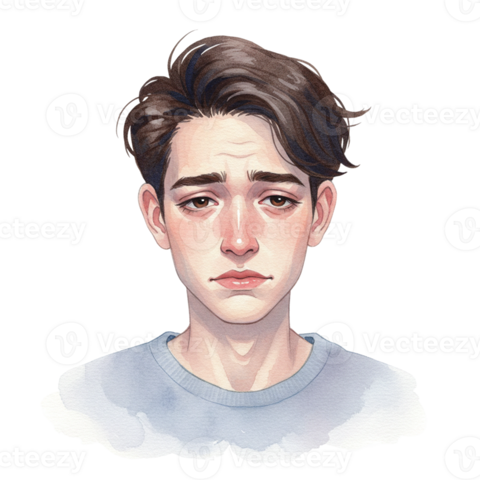 Sad Young Man Watercolor Portrait Artistic Illustration boy face eyes hair blue grey brown style png