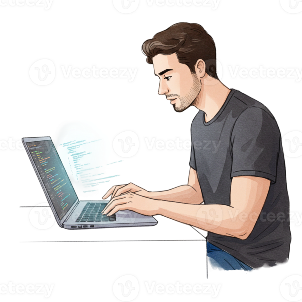 focado programador codificação em computador portátil digital ilustração moderno Programas desenvolvedor trabalhando atrasado png