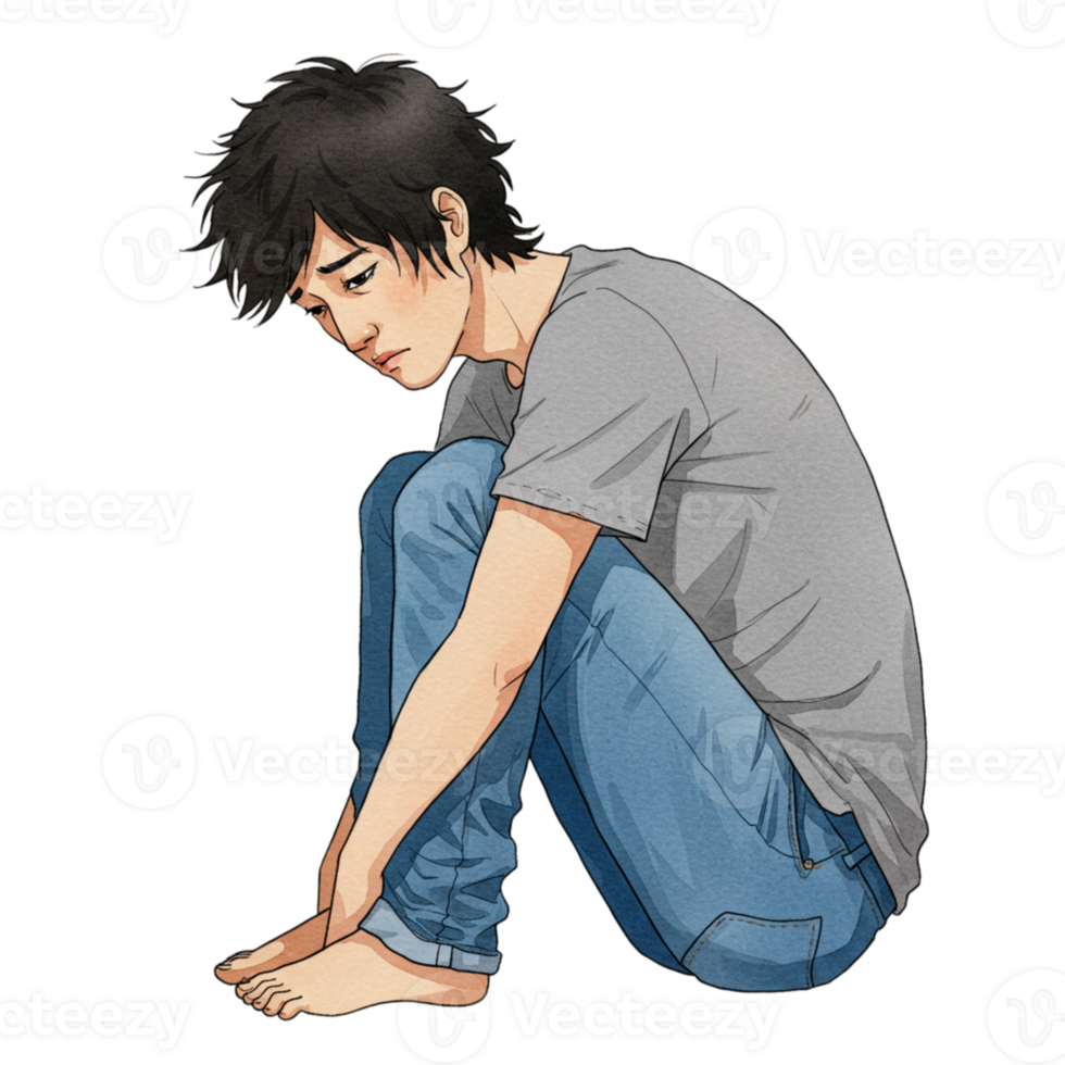 Sad Young Man Sitting Alone Feeling Depressed Sorrowful Teenager Boy art grey blue jeans human png