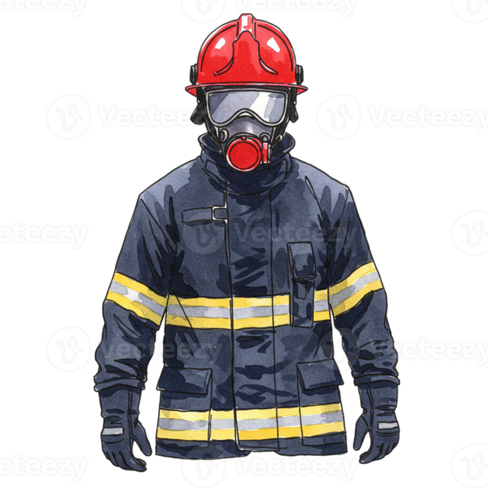 Brave Firefighter in Protective Gear Watercolor Illustration red man hero mask blue duty image png