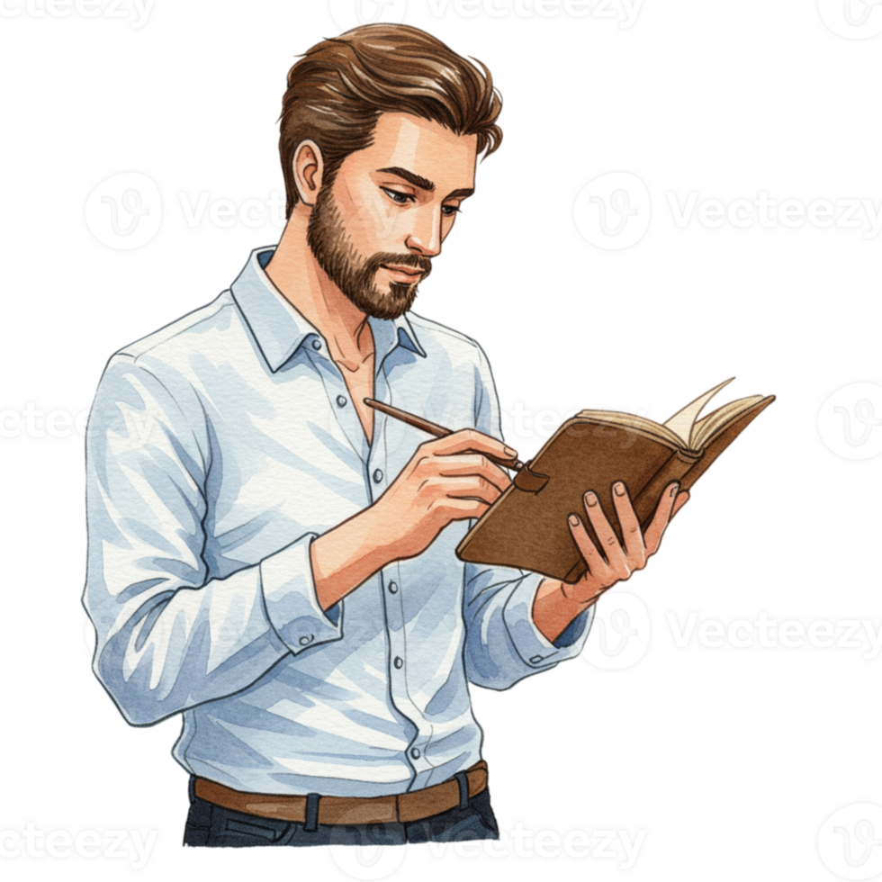 Handsome Man Writing in Notebook Stylish Brown Leather Journal pen art work beard style paper manly png