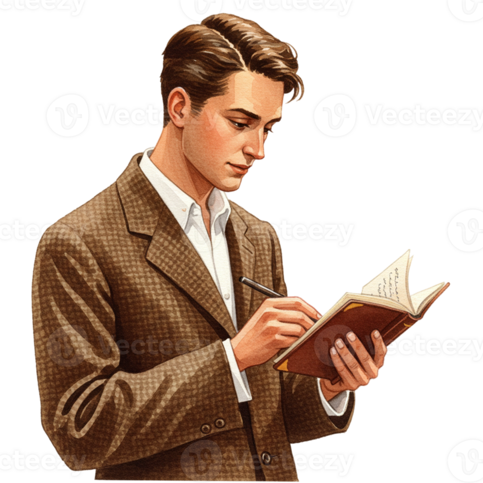 Elegant Man in Brown Tweed Jacket Writing in Notebook pen retro style paper manly author artist png