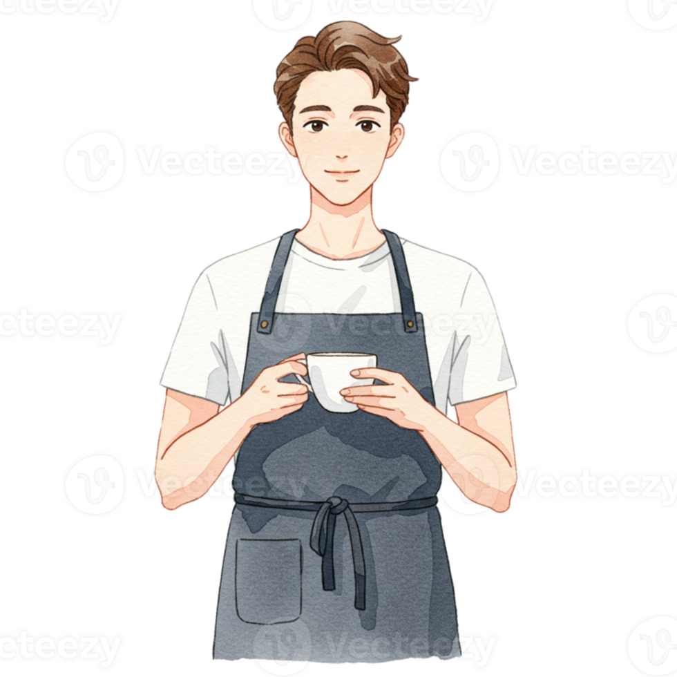 Smiling Barista Holding a Cup of Coffee Watercolor Illustration Man Hot Cafe Warm Male Hair Grey png