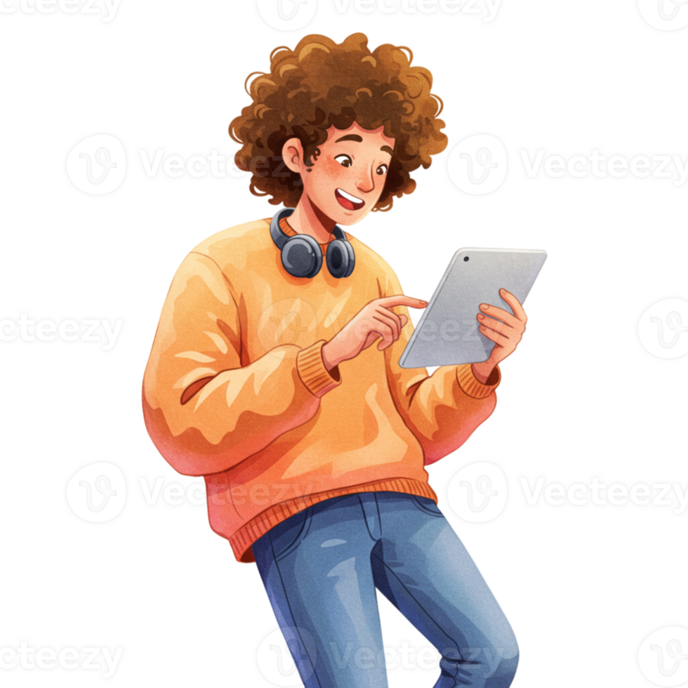 Young Man Using Tablet Digital Device Modern Technology Illustration boy app web male happy media png