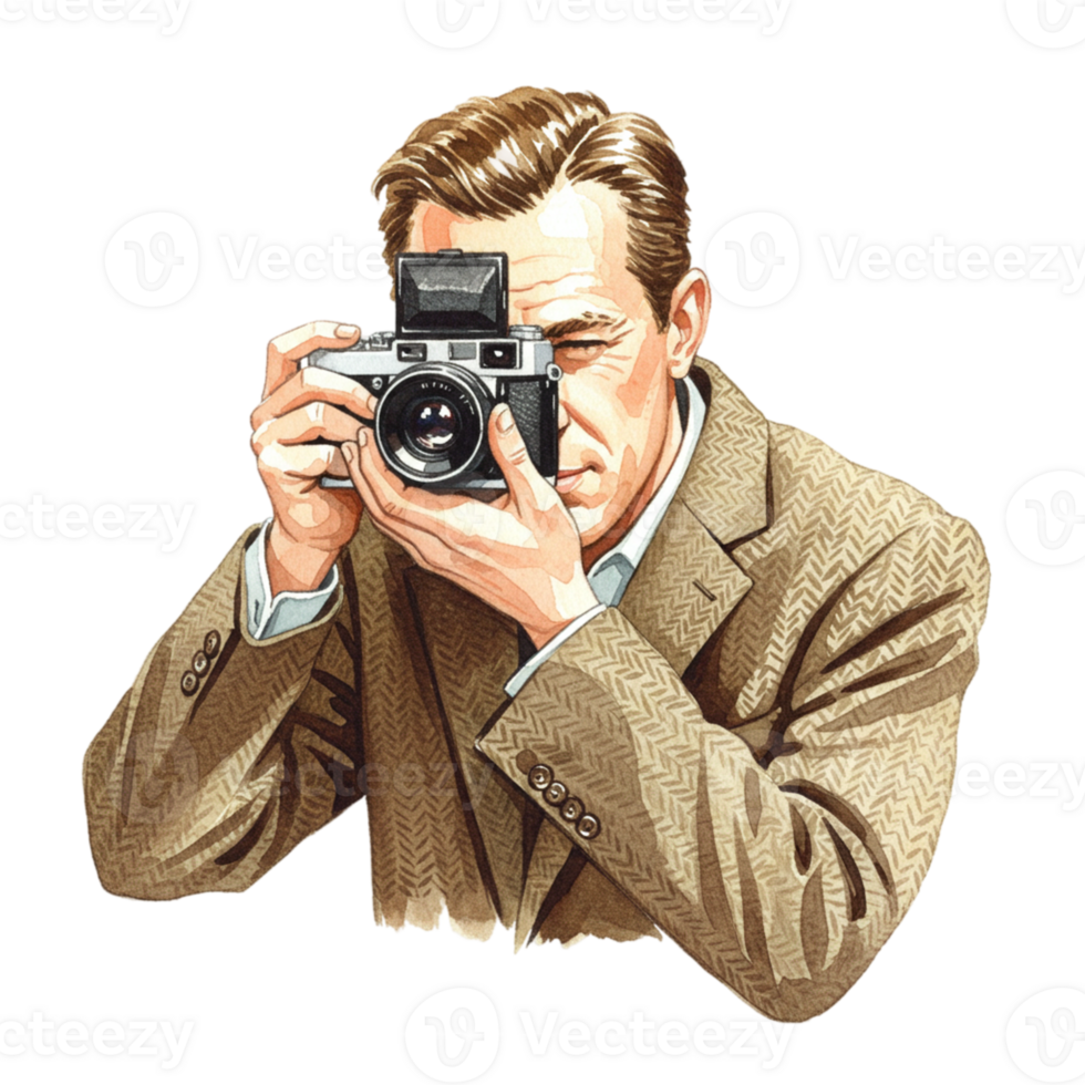 Stylish Man Taking Photograph Vintage Camera Brown Jacket Art Film Lens Male Style Retro Image Focus png