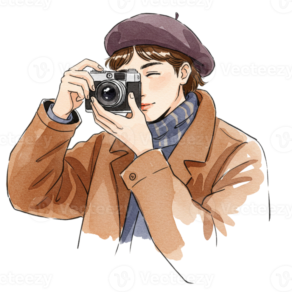 Stylish Person Taking Photo with Vintage Camera Autumn Fashion Art Coat Style Beret Image Retro png