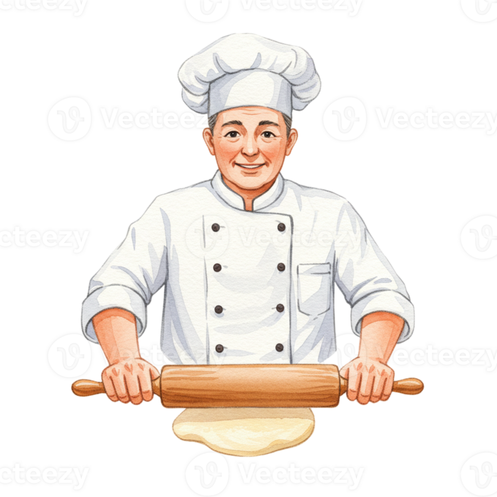 Smiling Chef Rolling Dough Baking Pastry Cooking Food Illustration Pin Hat Art Meal Happy White png