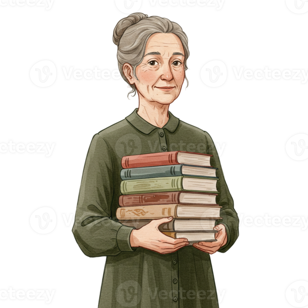 Elderly Woman Holding Stack of Books Illustration art gray hair retro green brown style adult wisdom png