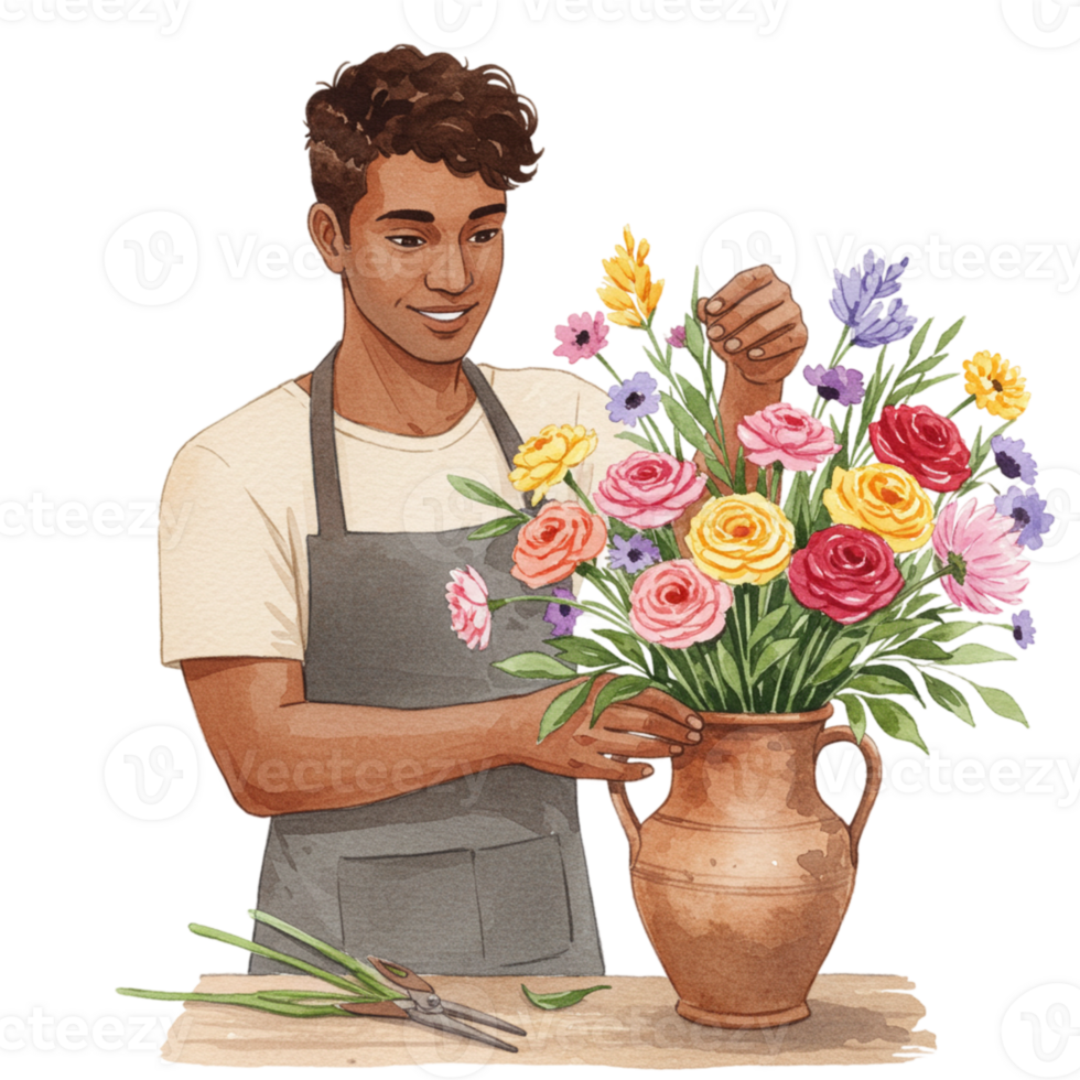 Smiling Florist Arranging Vibrant Colorful Flowers in Clay Vase man shop happy craft roses bloom png