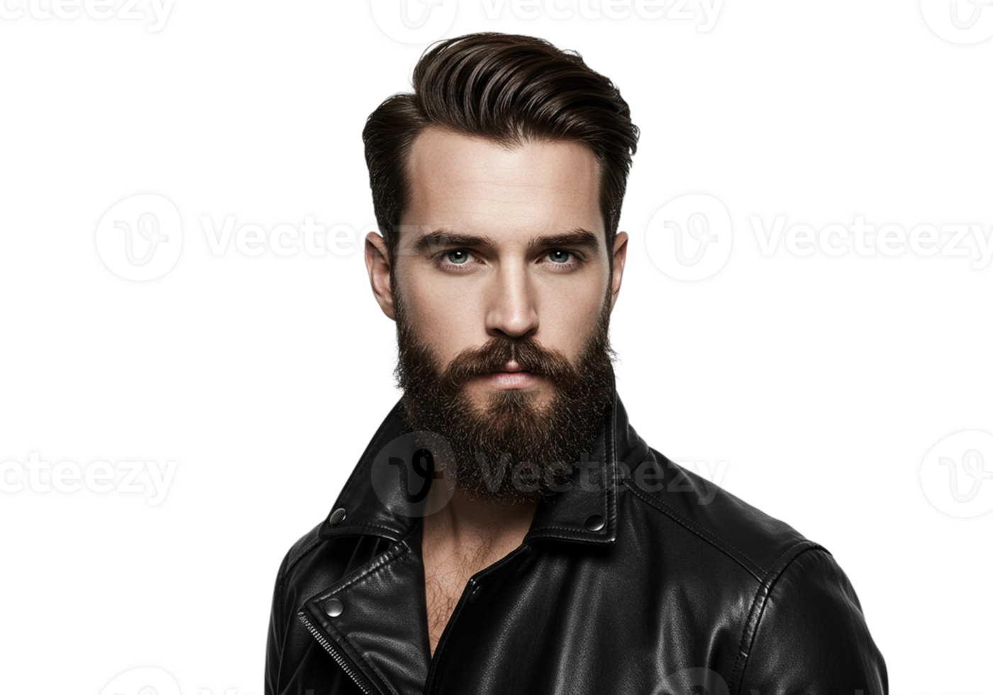 Handsome Man with Beard Stylish Leather Jacket Studio Portrait Men Hair Male Cool Face Look Model png