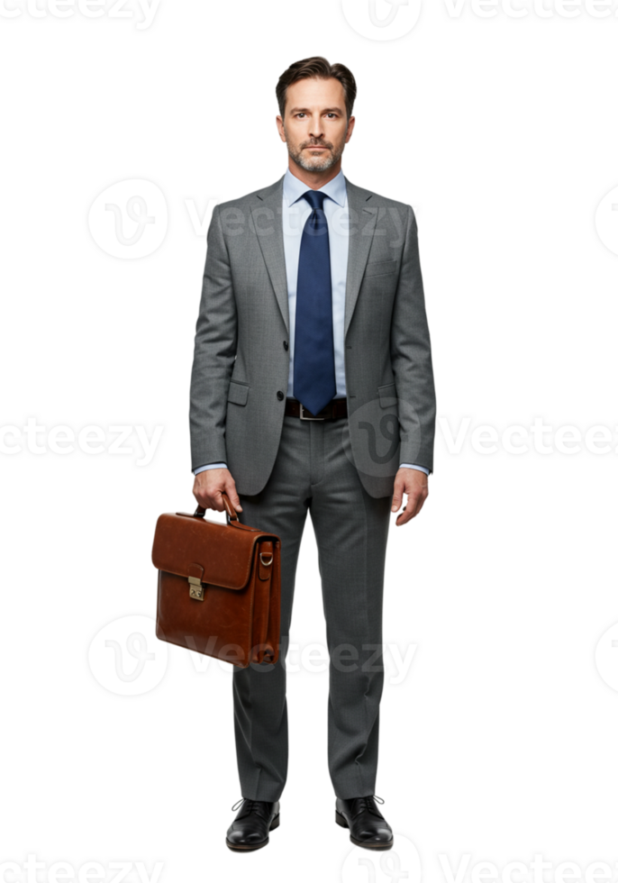 Confident Businessman Formal Suit Grey Brown Briefcase Professional work style office leader attire png