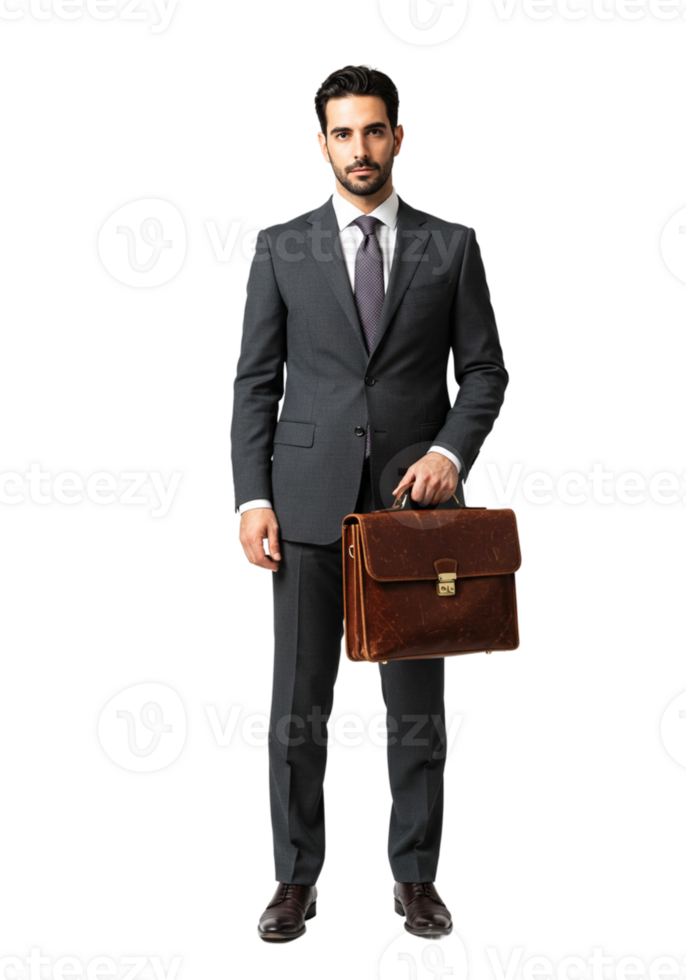 Confident Businessman Holding Leather Briefcase Studio Shot Professional Attire suit gray dark work png