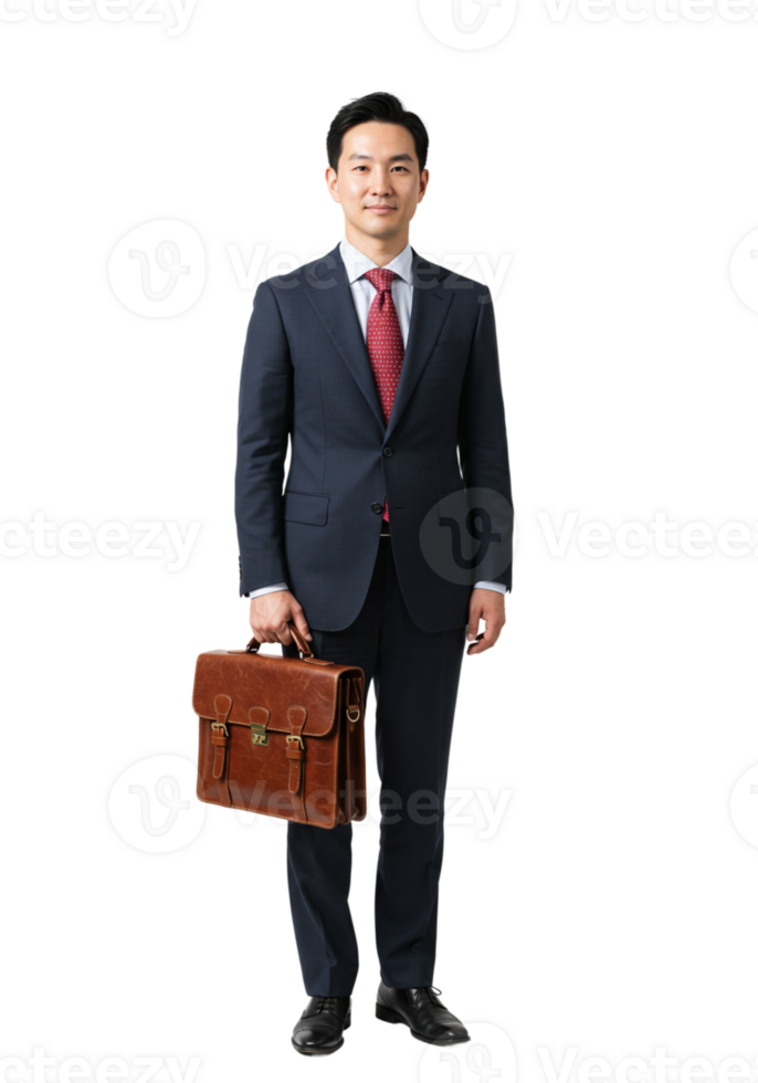 Confident Asian Businessman Holding Leather Briefcase Studio Shot red tie suit dark work style png