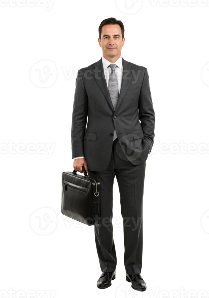 Confident Businessman Holding Briefcase Studio Shot Professional Attire suit grey work black style png