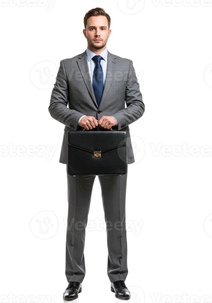 Confident Businessman Holding Briefcase Gray Suit Professional Work Male Black Style Office png