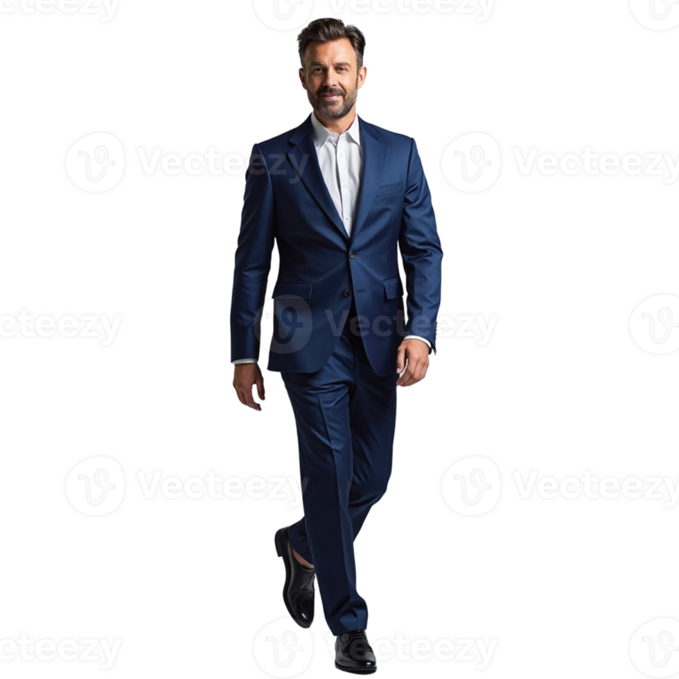 Confident Businessman Walking in Blue Suit Professional Corporate Image navy work style formal png