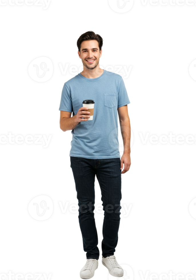 Smiling Man Holding Coffee Cup Casual Blue Shirt Jeans Full Body Happy Drink Young Adult Break White png
