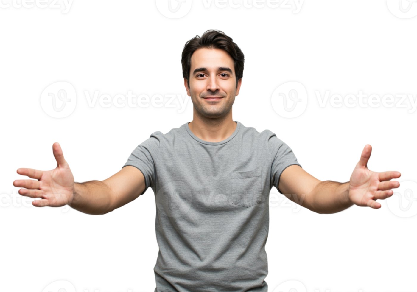Friendly Man Offering a Warm Embrace Happy Smiling Guy Open Arms Gesture Male Grey Kind Shirt Black png