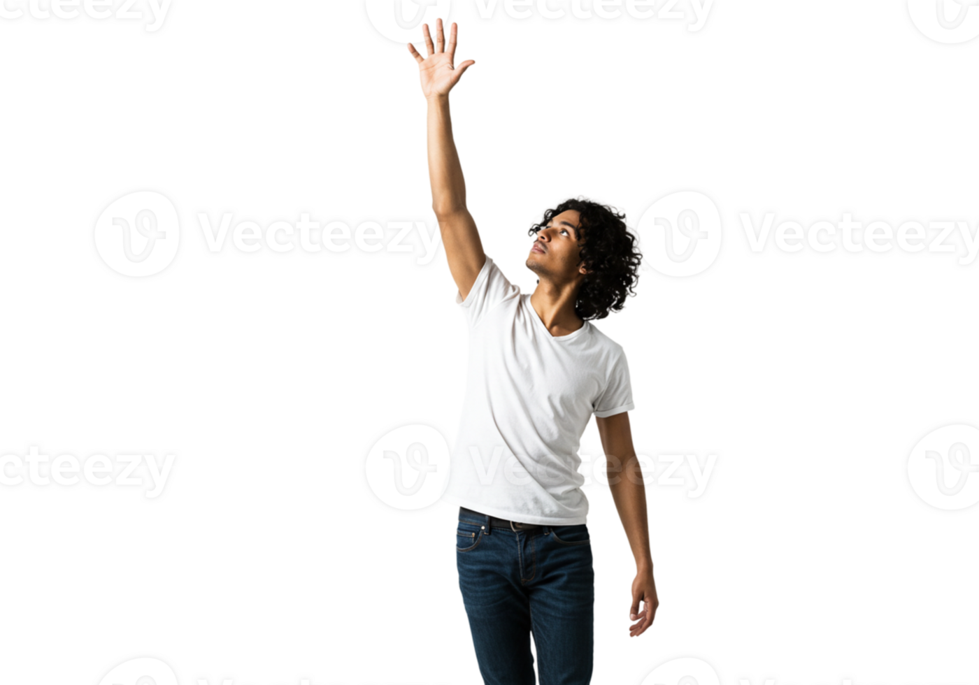 Young Man Reaching Upward Black Background Studio Portrait Male Hand Hope Goal High White Jeans png