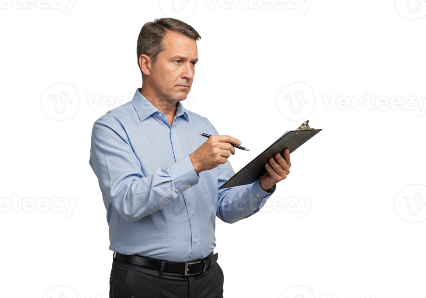 Serious Businessman Reviewing Documents Clipboard Pen Notes work male blue adult shirt office studio png