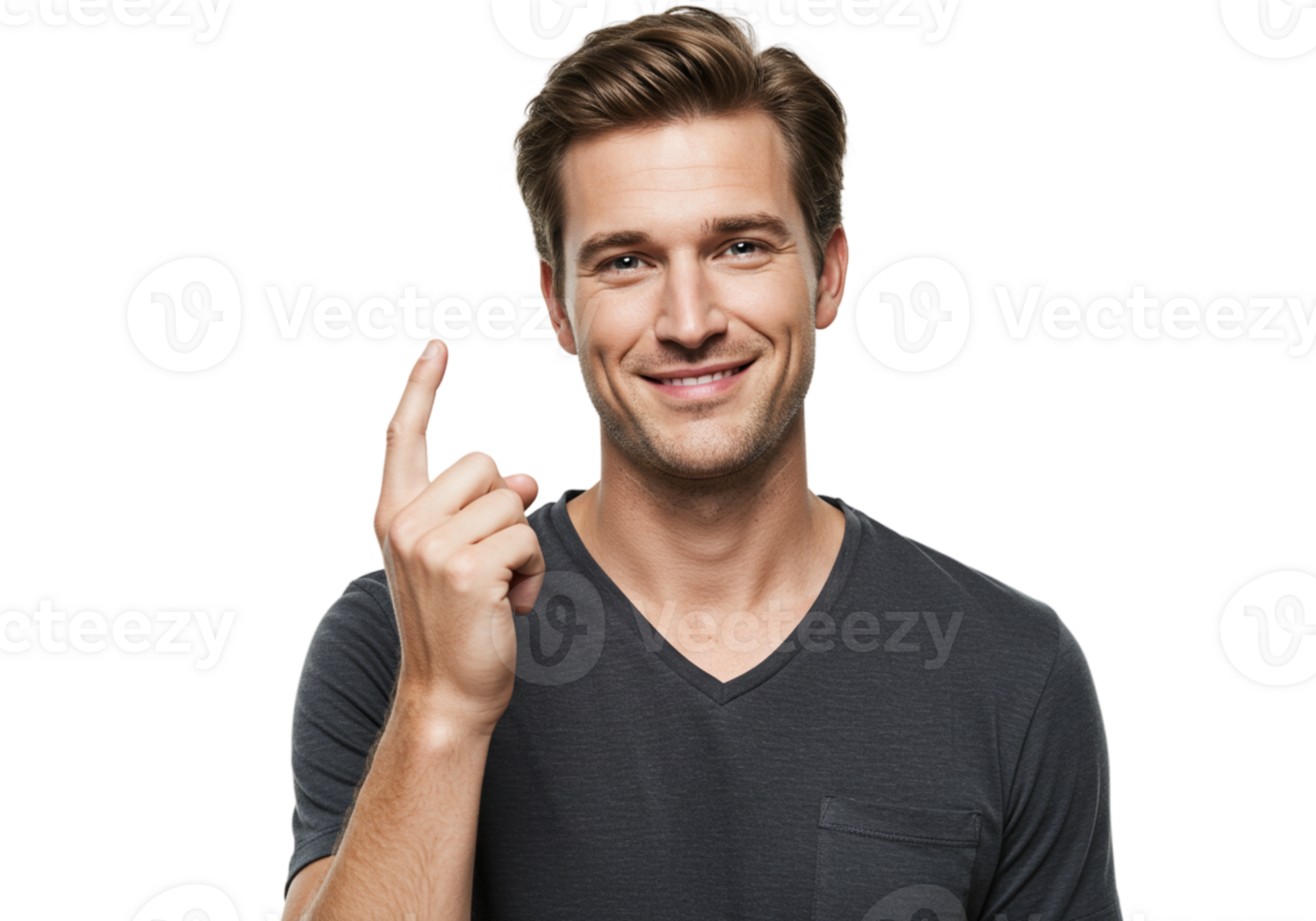 Happy Man Pointing Up Idea Concept Success Positive Smiling Gesture Studio Shot Background Black png