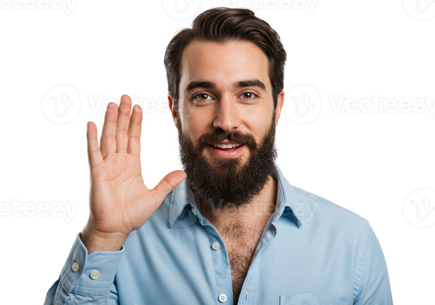 Smiling Man with Beard Waves Hello Friendly Gesture Portrait Studio Male Hand Blue Black Happy Shirt png