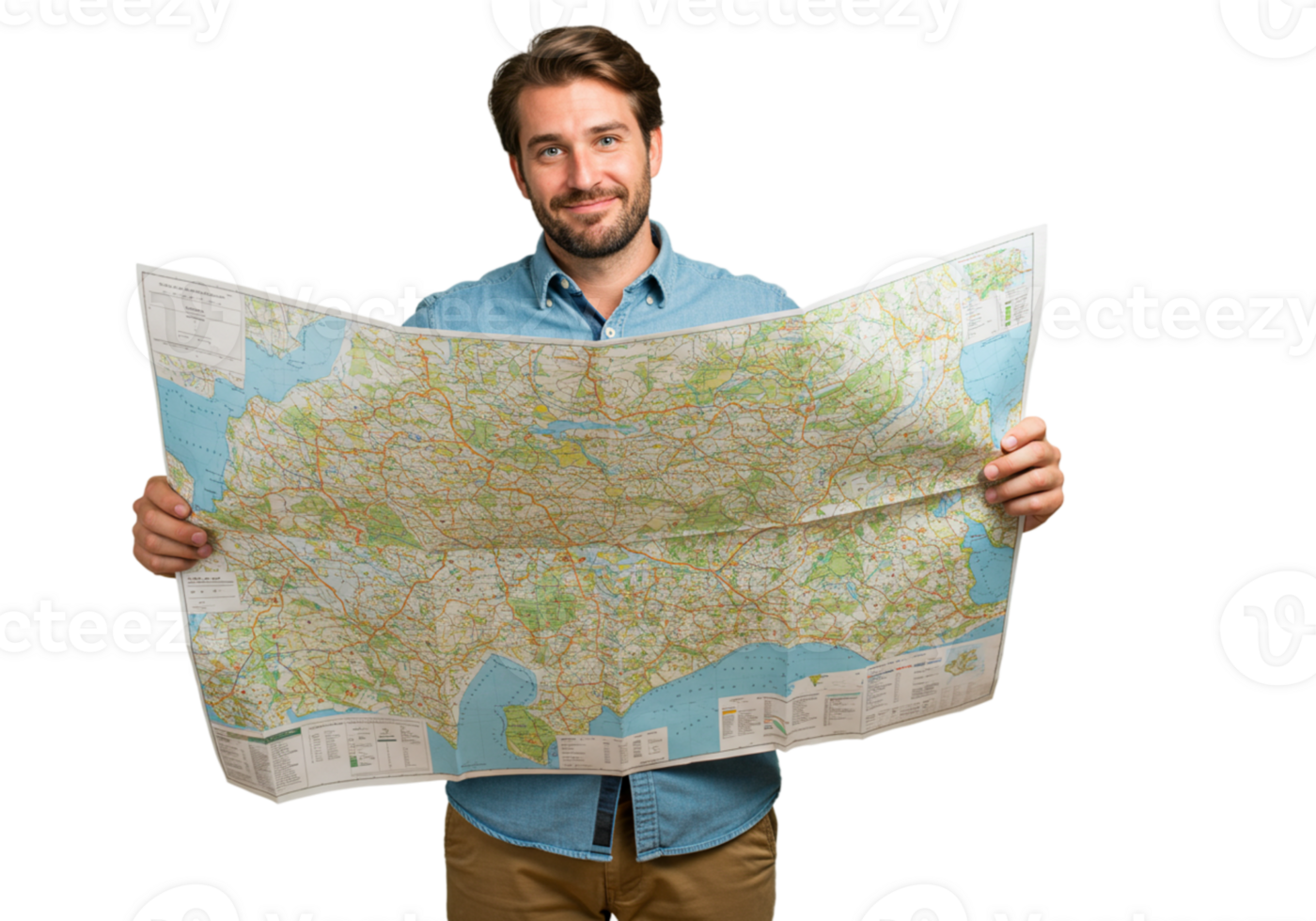 Happy Man Holding Detailed Road Map Planning Trip Adventure Route Travel Summer Journey Smiling png